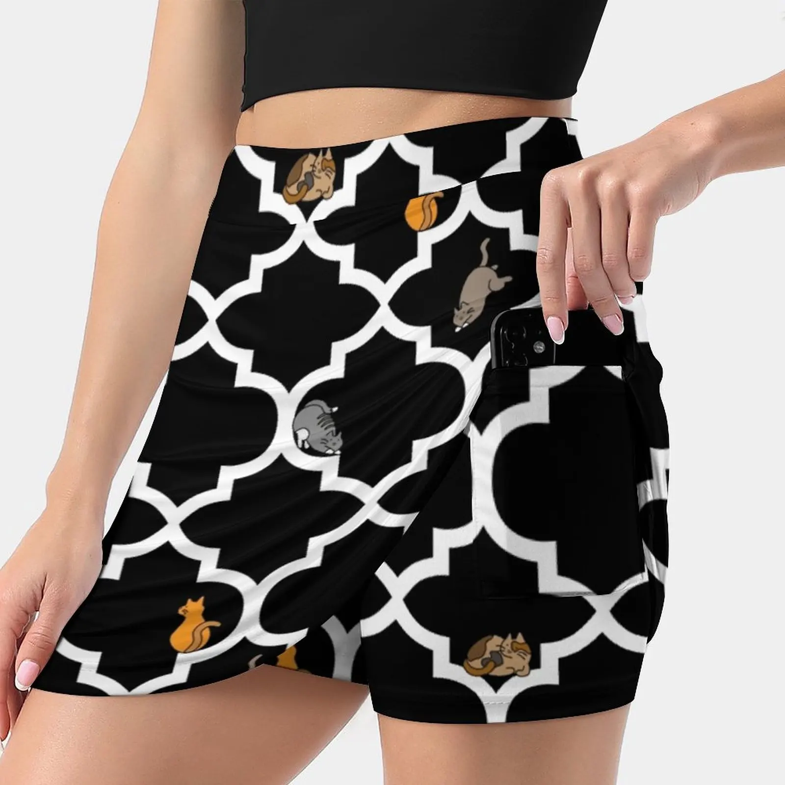 

Cats On A Lattice-Black Korean Fashion Skirt Summer Skirts For Women Light Proof Trouser Skirt Cute Pattern Animals Nature