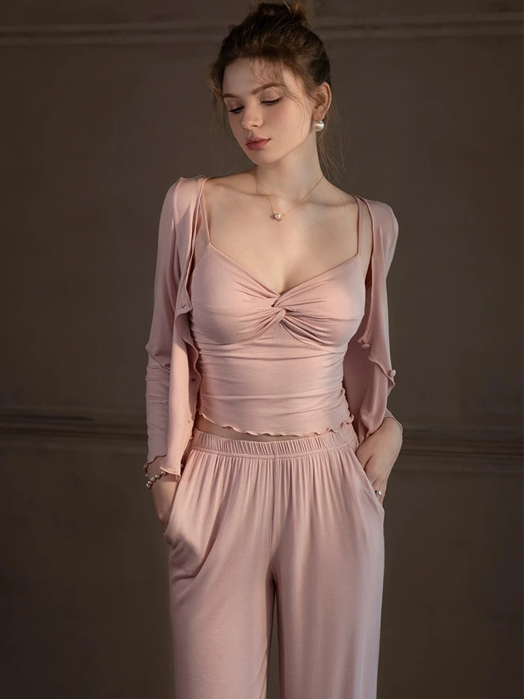 Winsleter, Sexy Solid 3 Piece Pajamas Set, Women With Chest Pad Sling, French Retro Comfortable Homewear, Autumn Winter S40050CC