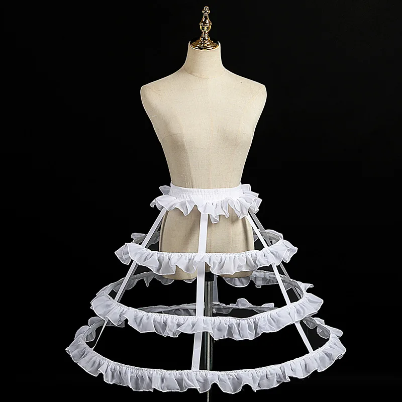 White  Short Crinoline Waistband  Hollow Cage Pannier 3 Hoops 4 Tiered Ruffles  Petticoat Skirt  Underskirt