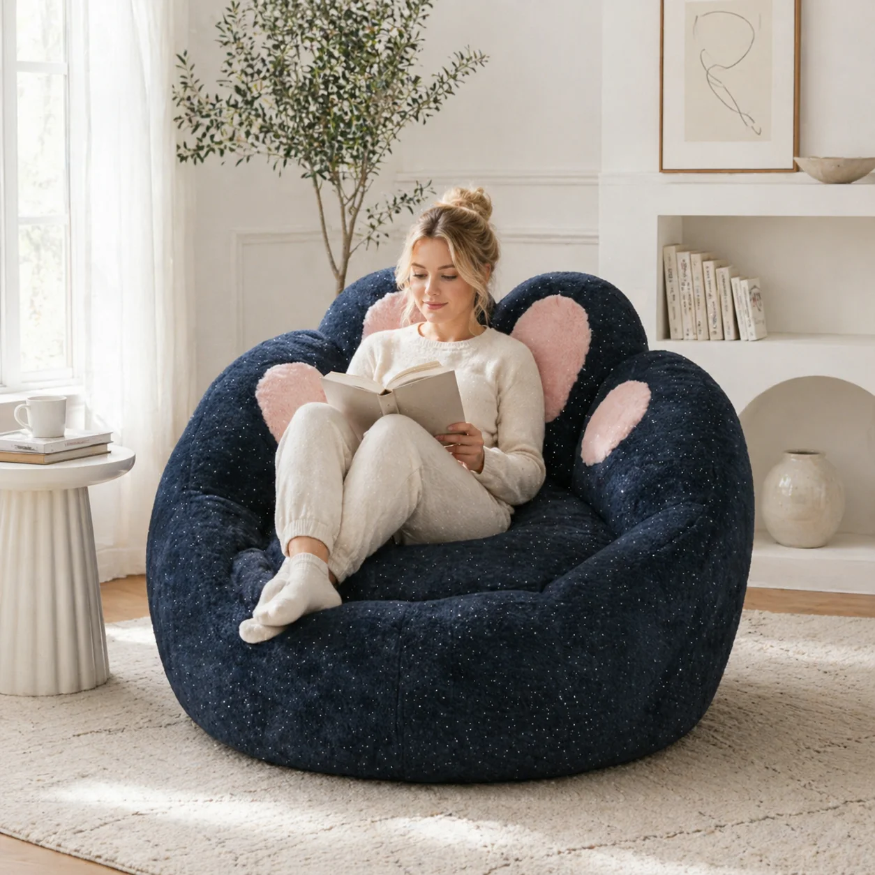 Faux Fur Memory Foam Floor Sofa, Lazy Chair for Reading,  Bear Paw Shaped Bean Bag Chair for Adults ,Gaming & Relaxing, Living Room Bedroom Dorm Use