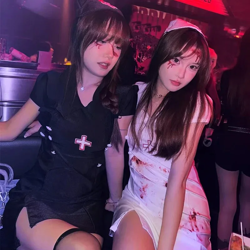 여성을위한 섹시한 할로윈 코스프레 의상 간호사 복장 흑백 매혹적인 제복 파티 공연 클럽 댄스 jk;6