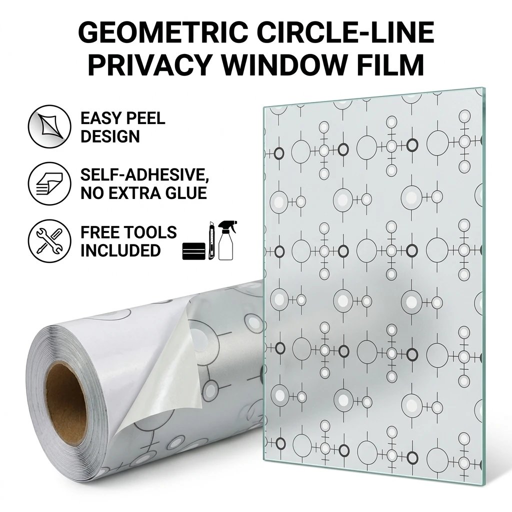Modern Minimalist Black Grey Geometric Self-Adhesive Window Film Frosted Anti-Glare Soft Light Filter Circle Line Dry Applicatio