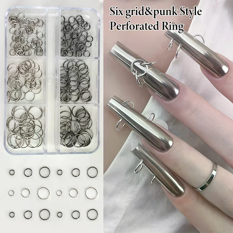 6 Grids Mix Punk Piercing Perforable Round Circle Ring Black Alloy Nail Rhinestones Decorations Manicure Charms