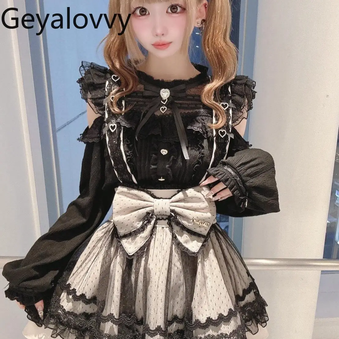 

Japanese Liz Bows Polka Dot Lace Cover Suspender Skirt Spring and Summer New Fairy Cute Lolita Cake Skirt Mesh Short Skirt Women