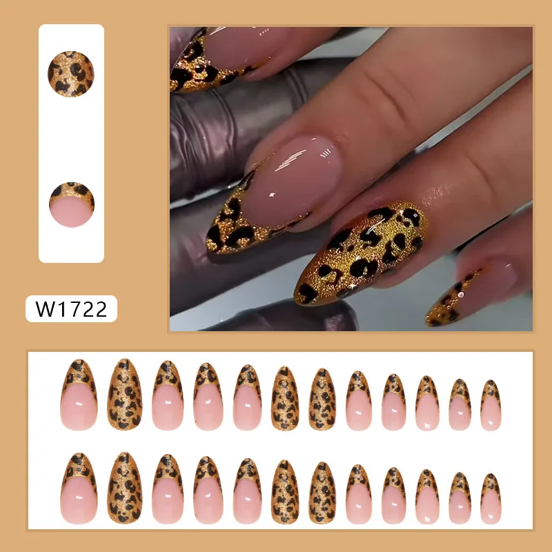 

24pcs Almond False Nails - Yellow Leopard Print Medium Long With Gold Border Glamorous Press-On Nails For Women