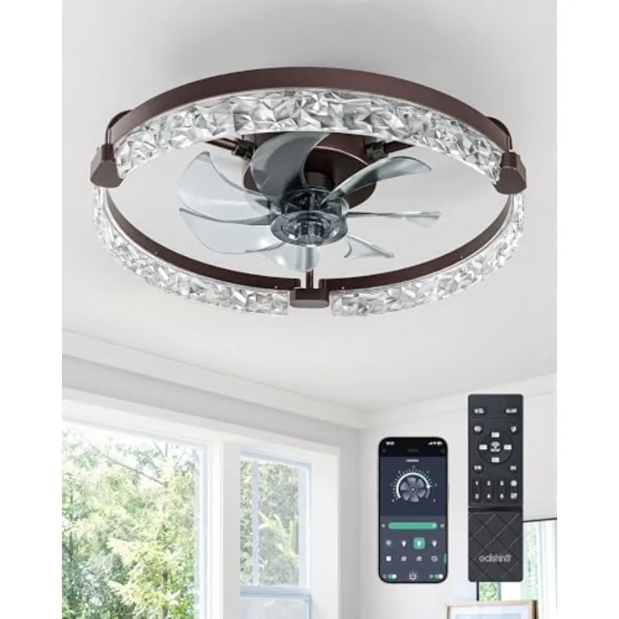Bedroom ceiling fan with light: brown low-profile flush mount fandelier, LED dimmable 3000-6000K, 6-speed DC motor, remote and