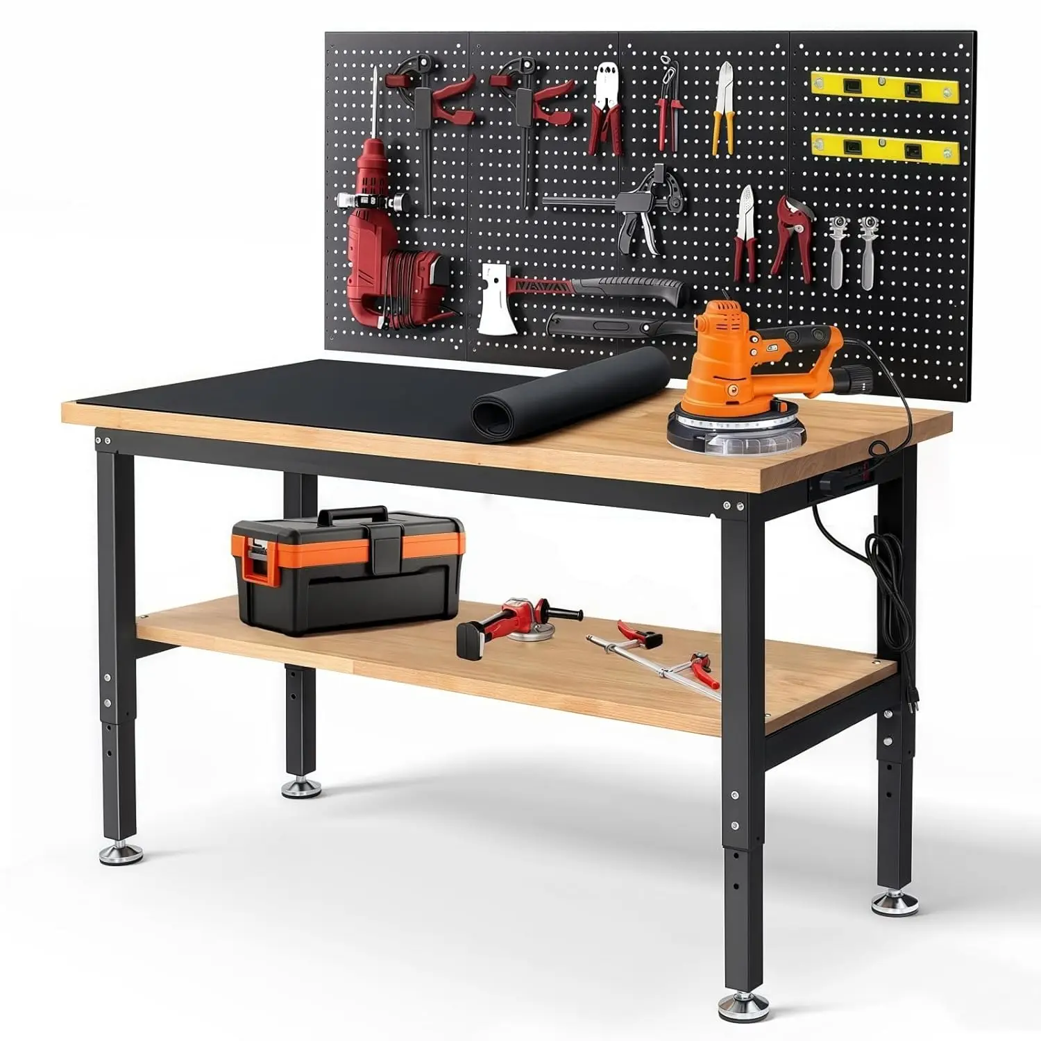 

Work Table for Garage 60 x 22 Inch Adjustable Height Workbench Heavy Duty Rubberwood Tabletop Work Bench with Power, Customized