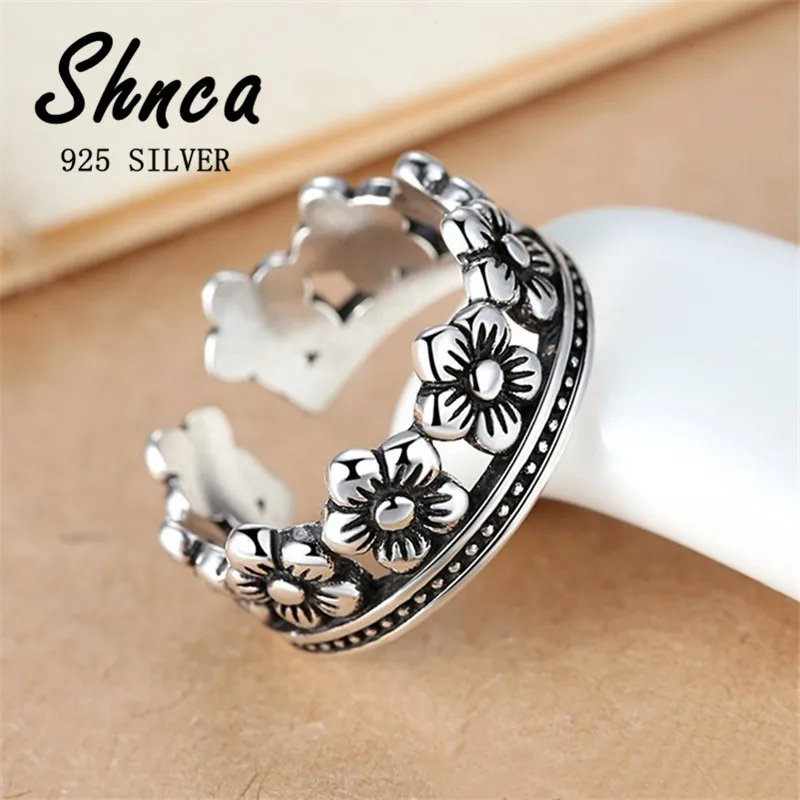 High Quality Vintage 925 Sterling Silver Crown Flowers Open Rings For Women Girl Fine Jewelry Gift XR061