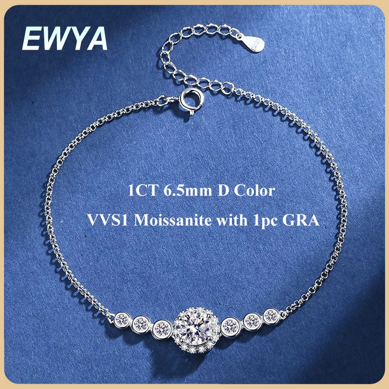

EWYA 0.5/1CT Round Cut D Color Moissanite Link Bracelet for Woman 925 Silver GRA Certified Party Adjustable Chain Bracelets Gift