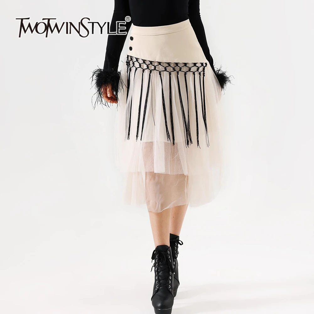 TWOTWINSTYLE Colorblock Temperament Patchwork Mesh Skirt For Women High Waist Spliced Button A Line Skirts Female Fashion Style