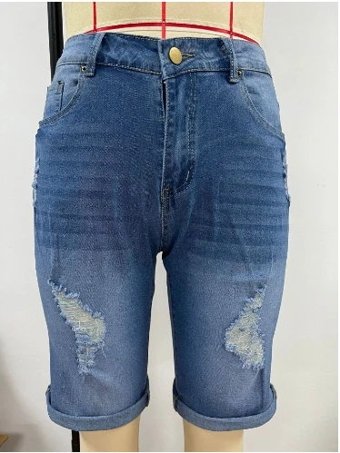 Ripped and flanged denim stretch mid length pants for women in plus size