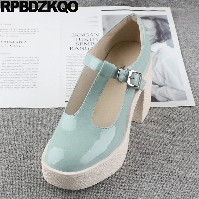 

34 Platform Pumps Women Shoes High Heels Super-high Chunky T Strap Square Toe Fetish Patent Leather Mint Green Deluxe Latest