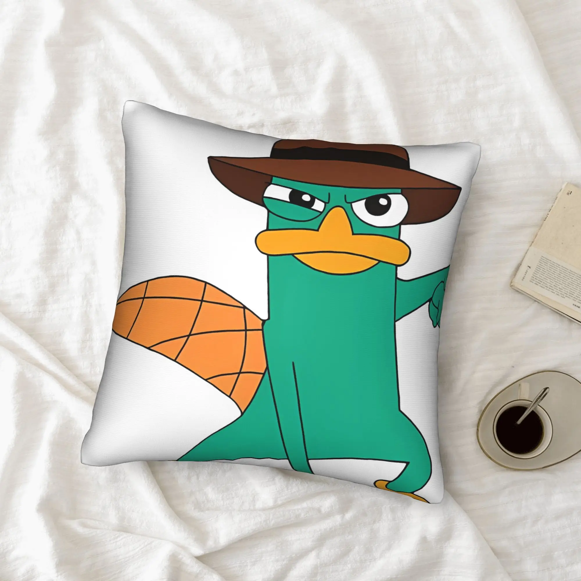 2D Flat - 1pc 2D Flat Printing Pillow Cover Perry The Platypus Cartoon Decorative, White Background with Green& Orange Accents, Zipper Closure(Insert Not Included), Couch Accessory| Fun Room Accent| Fabric Popular Decorations ZZTM08