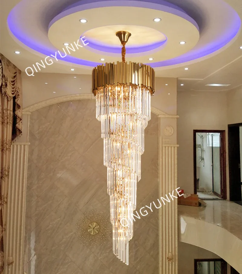 

Современная хрустальная люстра, длинная вилла, подвесное освещение для Staicase, большой домашний декор, Золотая светодиодная Подвесная лампа из нержавеющей стали