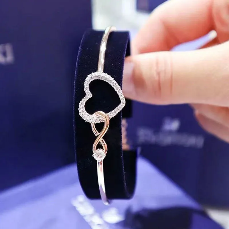 Romantic Infinity Love Heart Bracelet Rose Gold Plated Cubic Zirconia Bangle Adjustable Jewelry for Women Girlfriend Gift