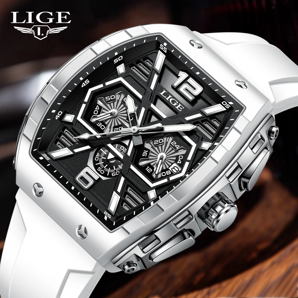 

LIGE Fashion Luxury Quartz Men's Watches Square Waterproof 5Bar Luminous Man Watch Casual Sport Silicone Strap Date Wristwatches