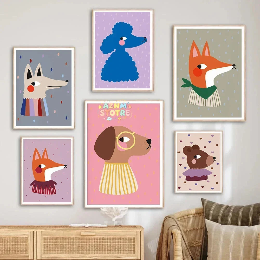 (2D Canvas painting) Funny Bear Berry Fox Blue Poodle Poster Animal Nursery Prints Canvas Painting Wall Art Pictures for Chil
