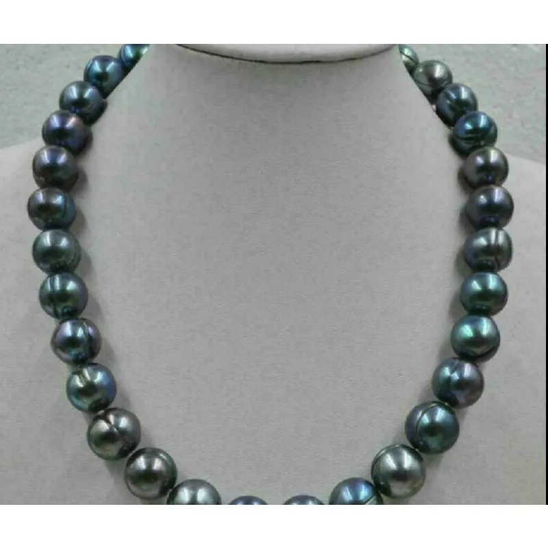 Natural 11-10mm Baroque Tahitian Black Green Women's Pearl Necklace 14k Buckle -