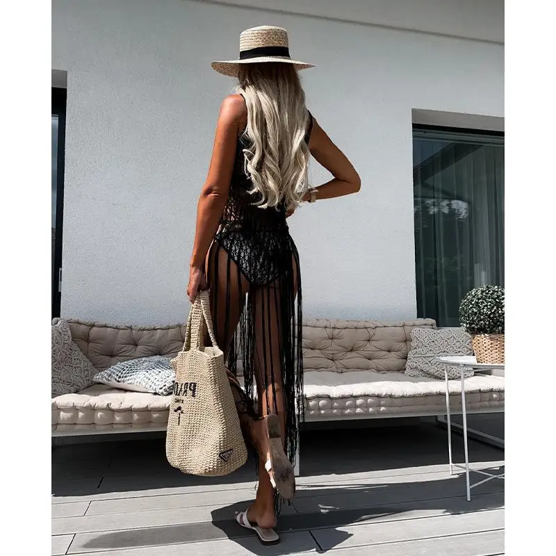 2024 Beach Cover Ups for Swimwear Women Sexy Hand Hook Hollow Out Sunscreen Shirt with Long Tassel Beach Cover