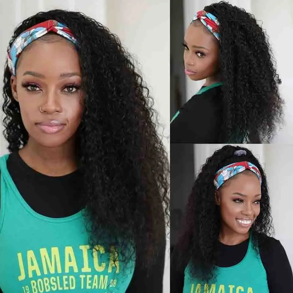 Headband Wig Human Hair Deep Wave Headband Human Hair Machine Made Wigs Curly Hair Headband Half Wigs for Black Women Human Hair