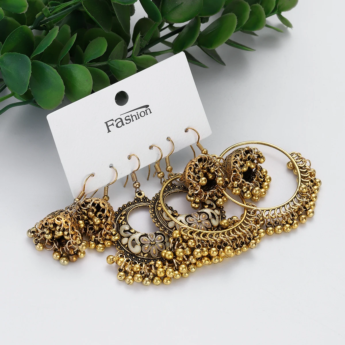 Gold Color Vintage Big Round Earrings Set Antique Carved Flowers Bell Tassel Hanging Earring Sets Bohemia Jewelry Accessories