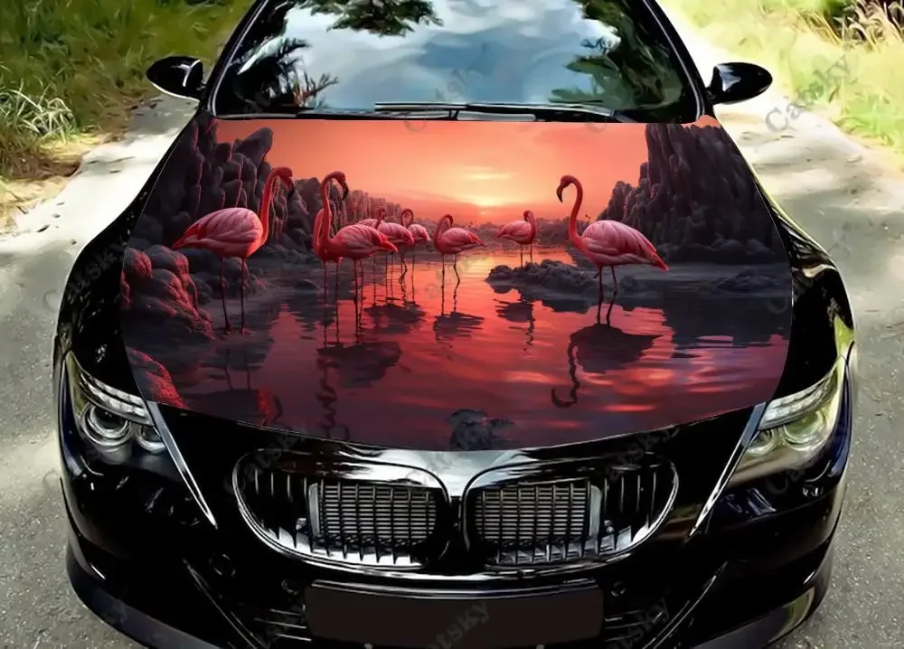 Pink Flamingos Artwork Car Hood Decal Stickers Wrap Vinyl Film Engine Cover Decals Sticker Car Hood Protective Film