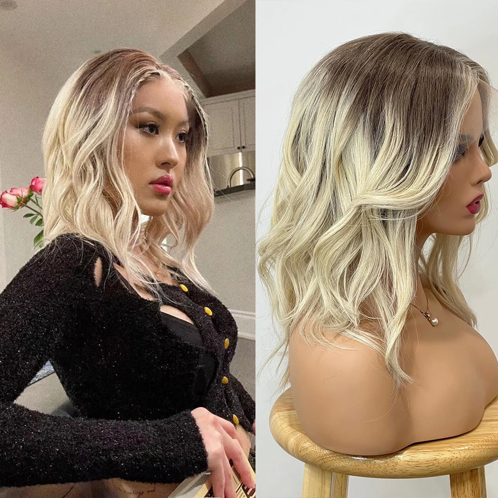 

Platinum Blonde 13x6 HD Lace Front Wig with Medium Brown Root 100%Virgin Remy Hair Slight Wave Wig Long Bob Ombre Human Hair Wig