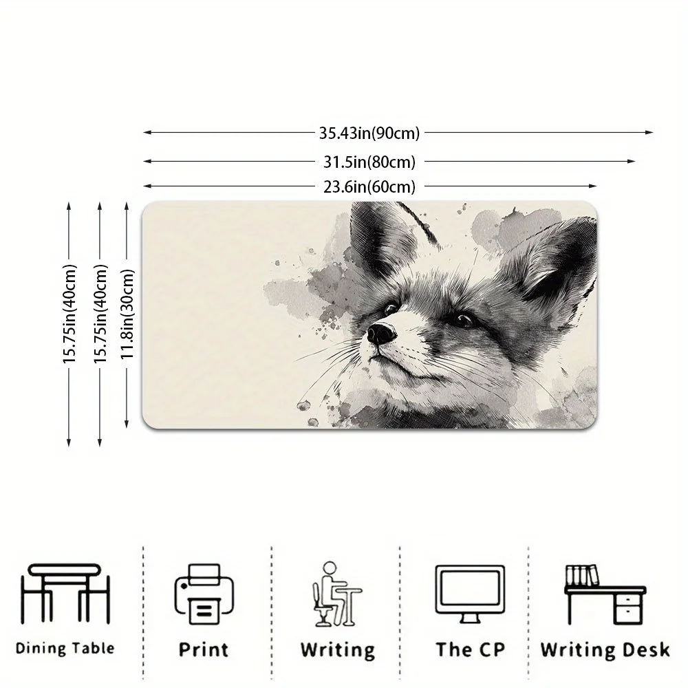 Minimalist Black White Fox Desk Mat, Extra Large Watercolor Mouse Pad, Non-Slip Waterproof Keyboard Mat for Desk Decor