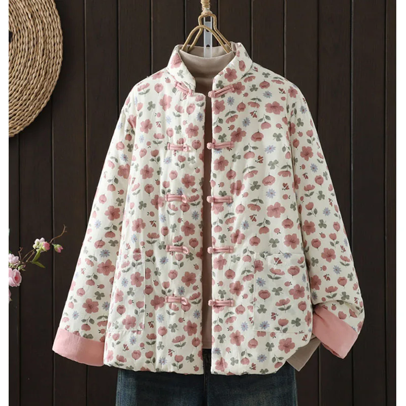 

Женская зимняя утепленная куртка в стиле ретро с цветочным узором, в китайском стиле Тан, на двубортной застежке, теплая, с хлопковым наполнителем