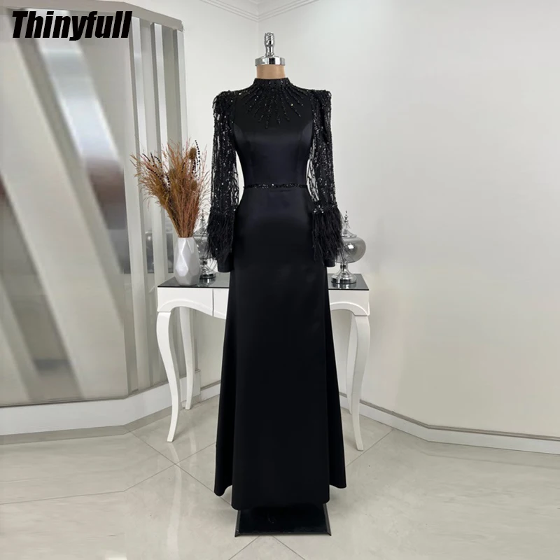 

Thinyfull Mermaid Prom Dresses High-neck Long Sleeves Muslim Engagement Gown Feathers Satin/Sequin 2024 Formal Occasion Dress