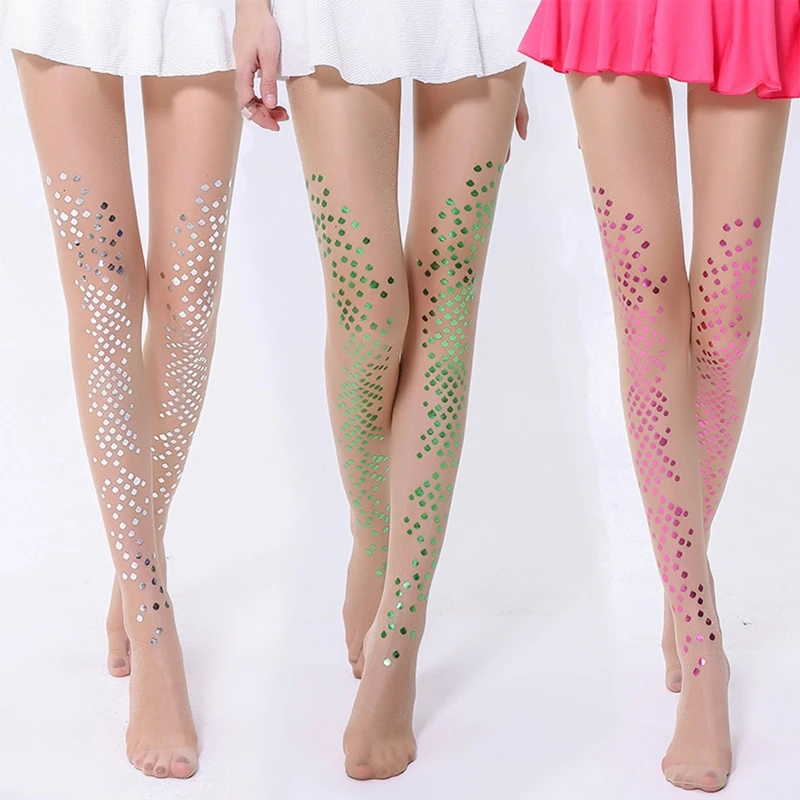 

Women Summer Thin Transparent Silky Pantyhose Glitter Metallic Fish Scale Sequins Print Sheer Tights Cosplay Leggings