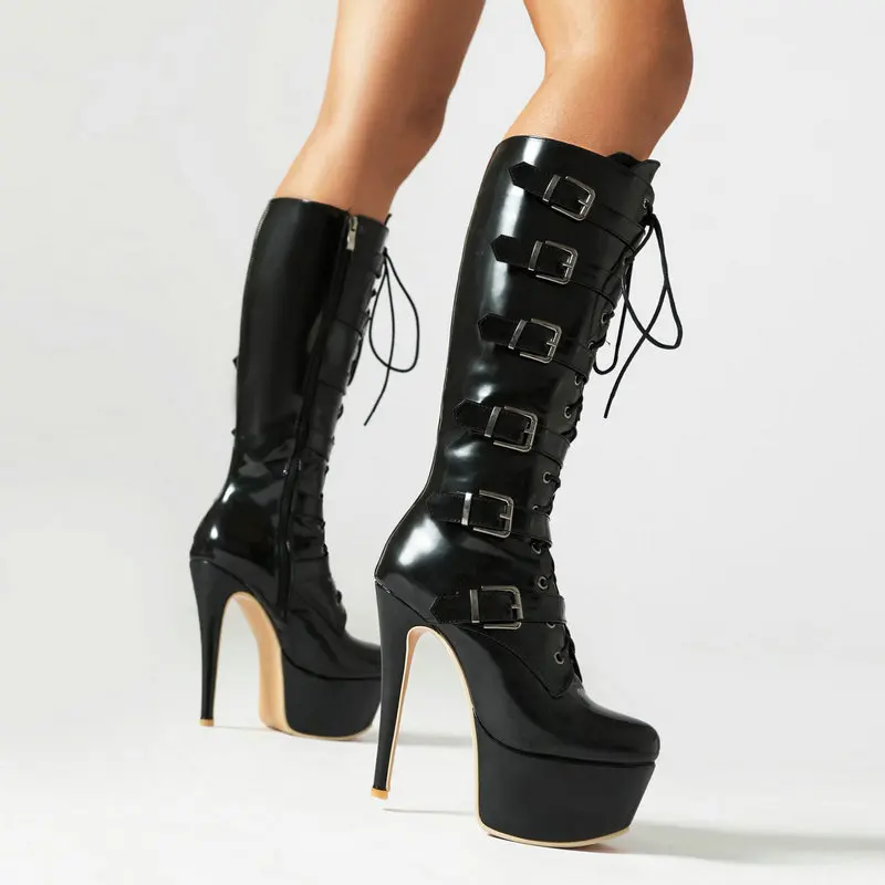 Extreme Spike High Heels Sexy Stripper Shoes Lace-up Buckle Belt Patent Leather Red Black Platform Mid-calf Women Boots Size 48