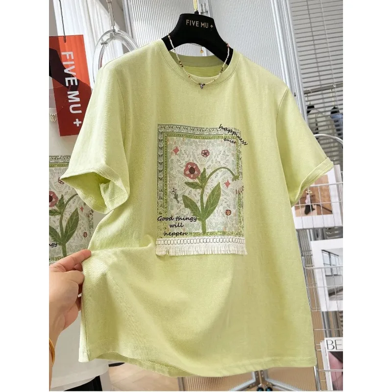Vintage Floral Fringe Print Cotton T-shirt Summer Loose Short Sleeve Plus Size Women Tops