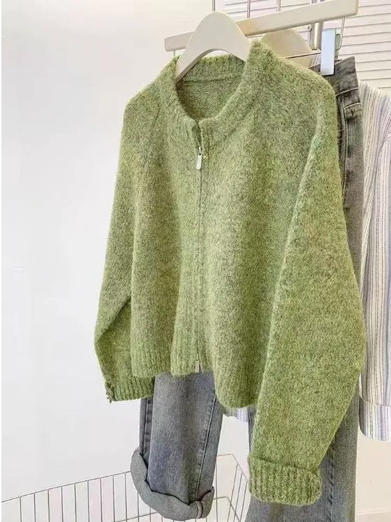 

Вязаный свитер с двойной молнией, женская свободная верхняя одежда Lazy Sle, осеннее новое модное трендовое круглое длинное пальто Sve