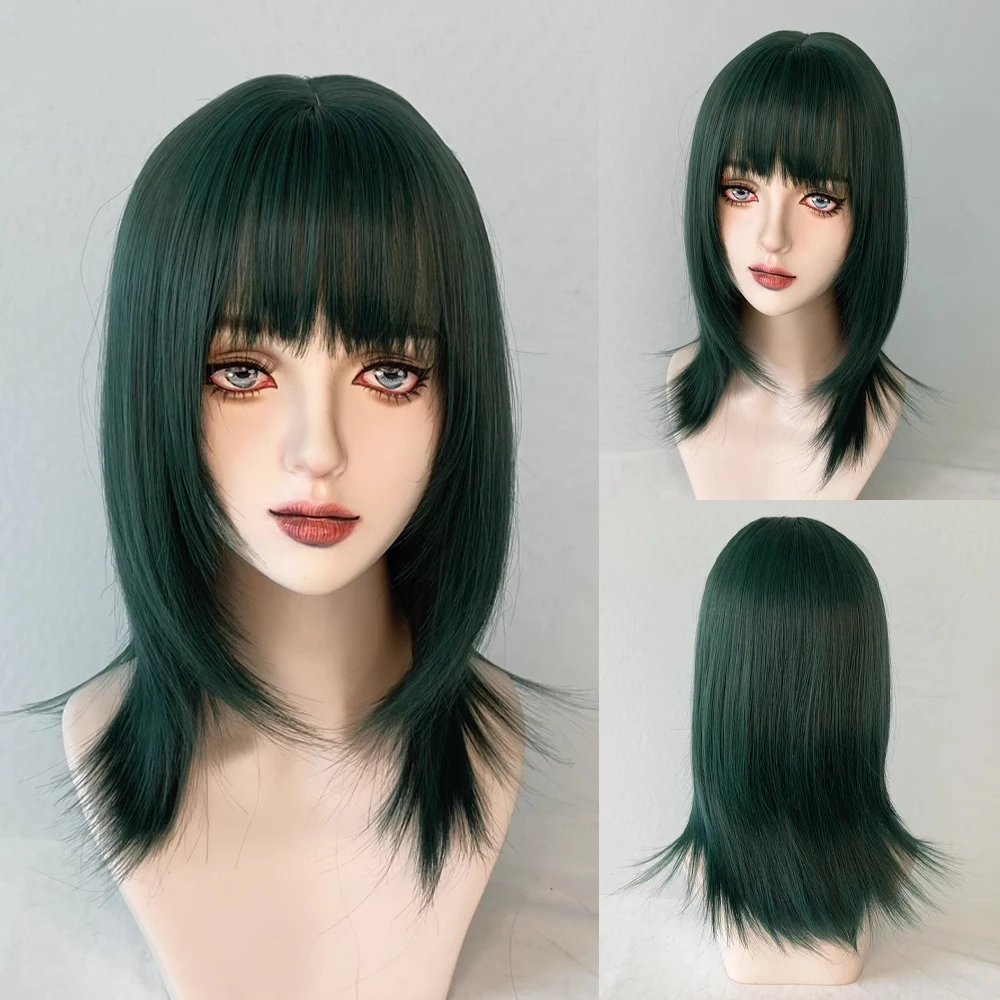 

Short Straight Green Women Synthetic Wig with Bangs Fluffy Mullet Head Lolita Cosplay Wig for Daily Party
