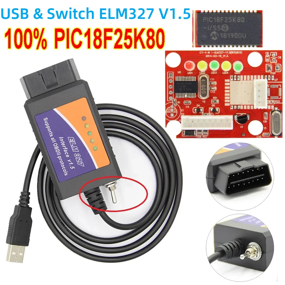 Top quality 100% PIC18F25K80 Chip super ELM327 V1.5 USB Switch ELM 327 CAN/MS CAN For scan OBD2 Diagnostic Scanner