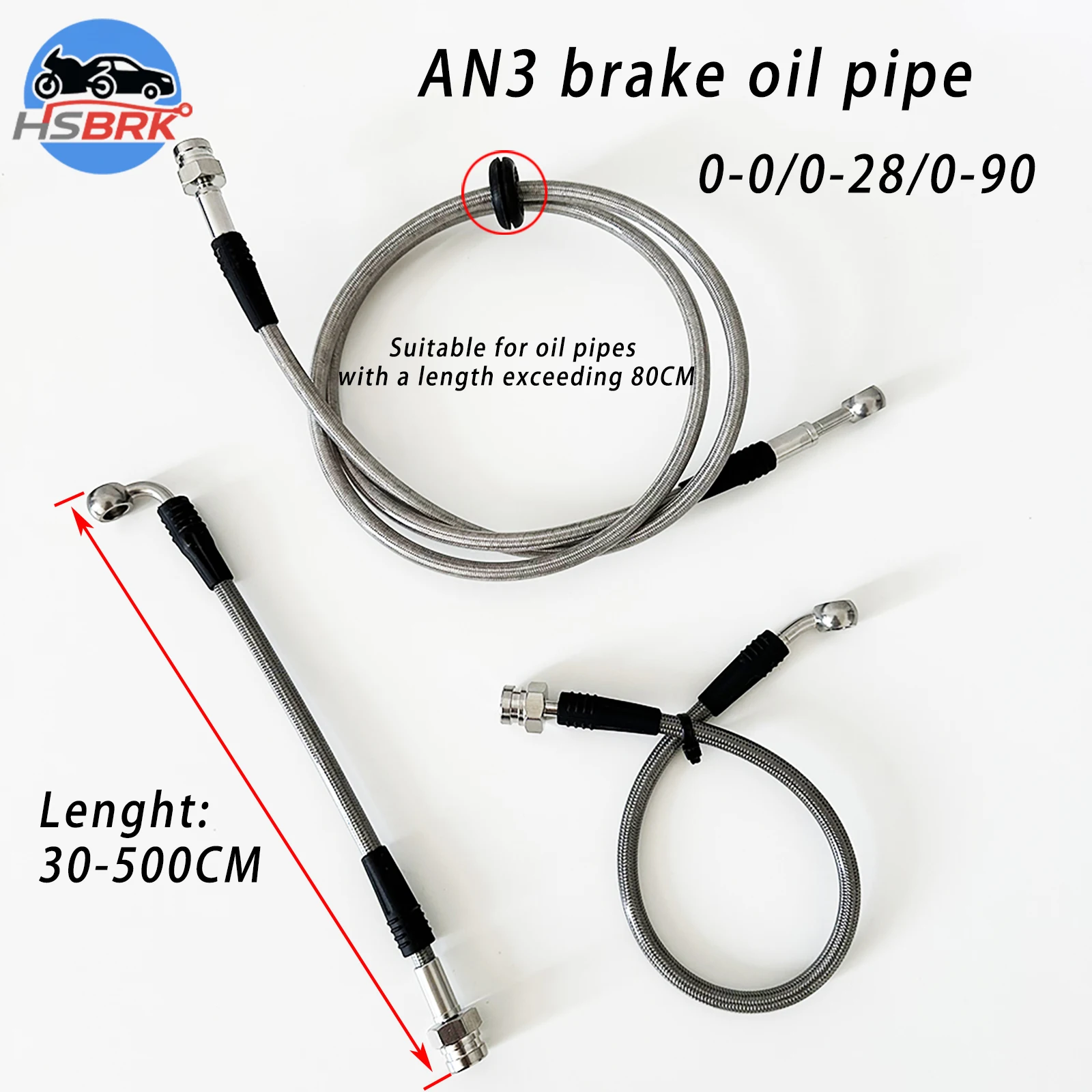 Universal 30-500CM AN3 Motorcycle Brake Hose Silver PTFE Inner Tube PU Covered 0°/28°/90° Stainless Steel Fittings