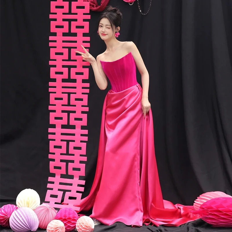 

Ele Red Bridal Dr Luxury Sensation Strapl Long Gown for Wedding Engagement Par Korean Sle Pure Color No Sve