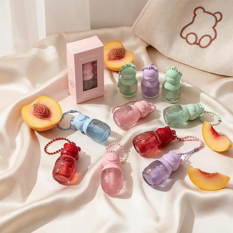 Bear-Shaped Peach Shimmer Lip Oil Portable Pocket Size Moisturizing Plumping for Daily Travel Lip Care