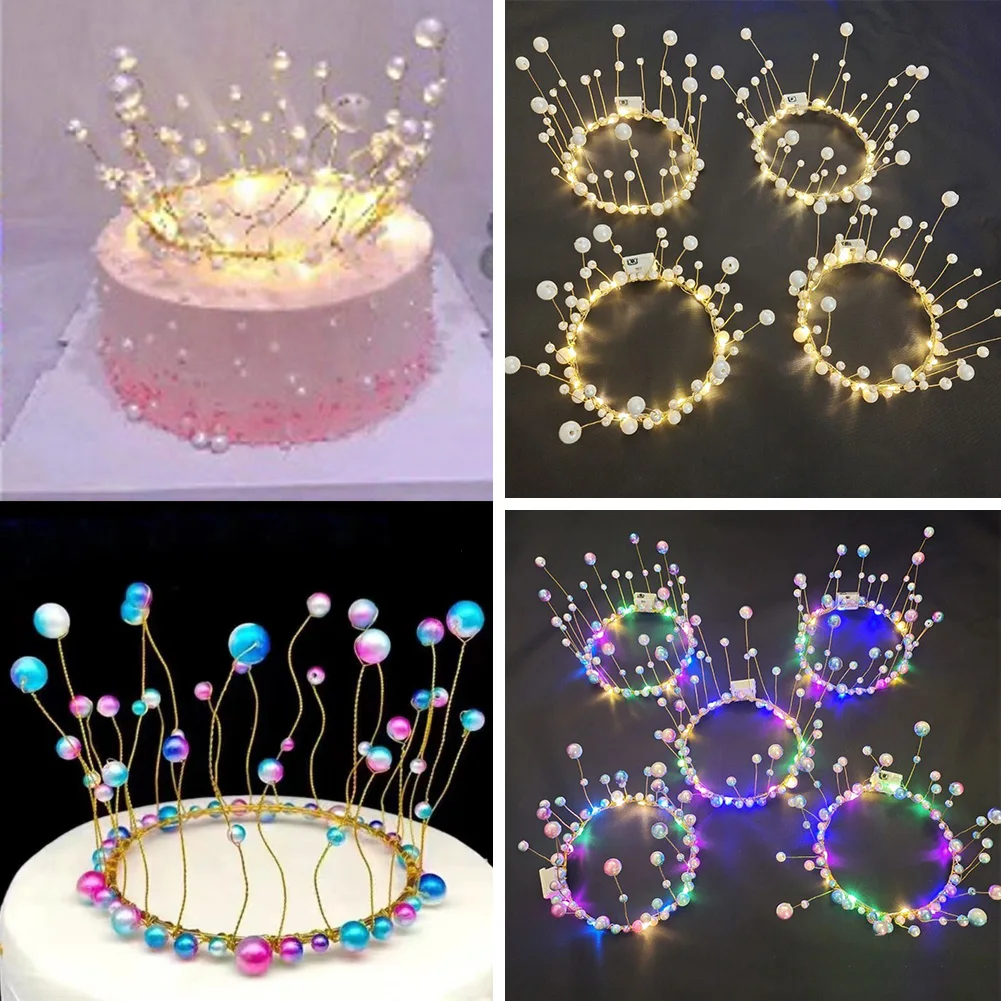 New LED Lamp Pearl Crown Cake Topper Decor Princess Party Top Topper Happy Birthday Cake Decorating Tools Gift Wedding Supplies