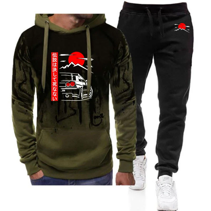 Japanese Style Car JDM Culture GTR Racing 2025 Spring Autumn Men's New Gradient Color Set Hoodie+Casual Sweatpant Two-piece Suit