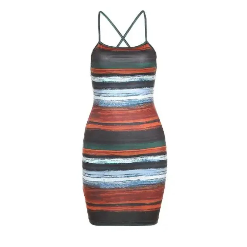 

Сексуальное модное платье с открытой спиной и принтом на подтяжках, облегающее короткое платье на бедрах, летняя женская одежда в европейском и американском стиле