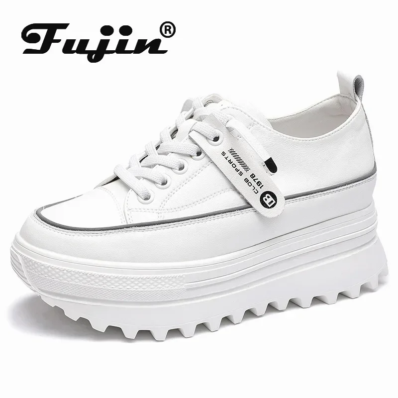 Fujin 5.5cm Genuine Leather Platform Wedge Shoes Chunky Sneaker White Casual Shoes Comfortable Breathable Autumn Autumn Shoes