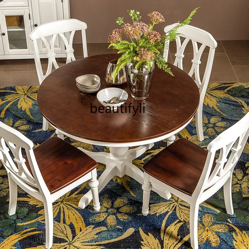 All solid wood round table Mediterranean dining table restaurant American furniture simple dining table and chair combination933