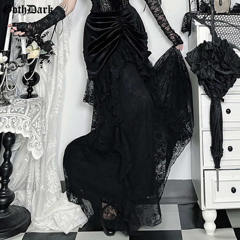 

Goth Dark Lace Trim Velvet Maxi Skirts Bottoms Mall Goth Party Halloween Gown Ball Skirts Women Cosplay Lolita Dresses Outfits