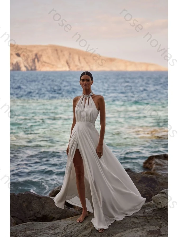 Op maat gemaakte witte bruidsjurken van chiffon, sexy strapless halter, hoge kwaliteit, voor formele avonden, met split, tot op de grond, voor feesten - afbeelding 2