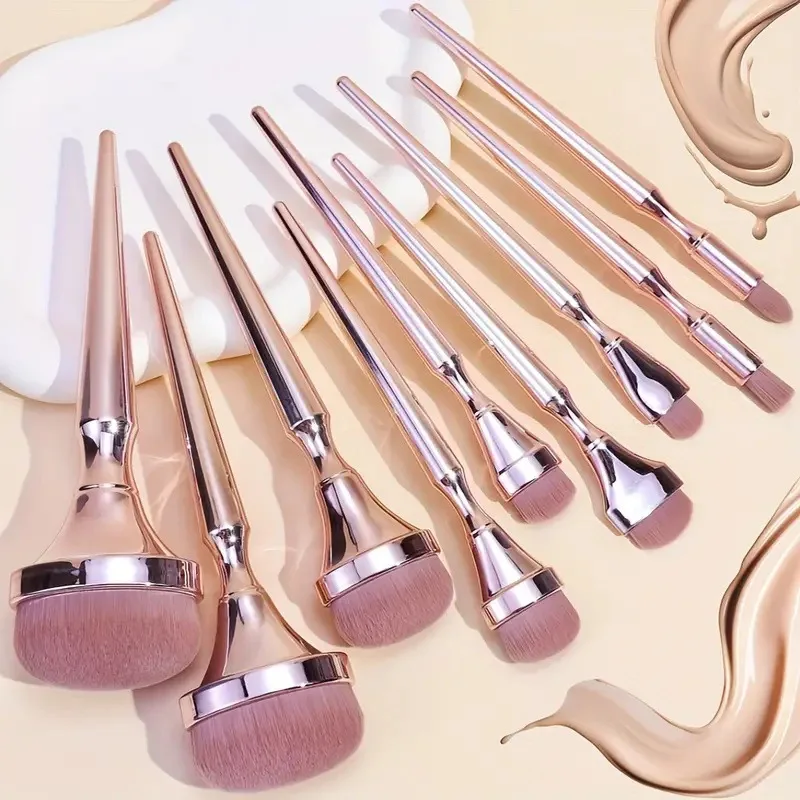 Conjunto de pincéis de maquiagem em ouro rosado, 9 peças, sombra, blush, iluminador, base, corretivo, pincel de mistura, ferramenta de beleza feminina fofa