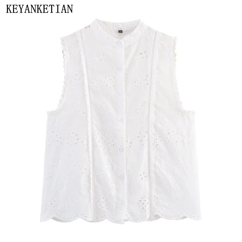 

KEYANKETIAN, новая летняя женская кружевная кружевная однобортная рубашка без рукавов с вышивкой, женский кардиган, топ