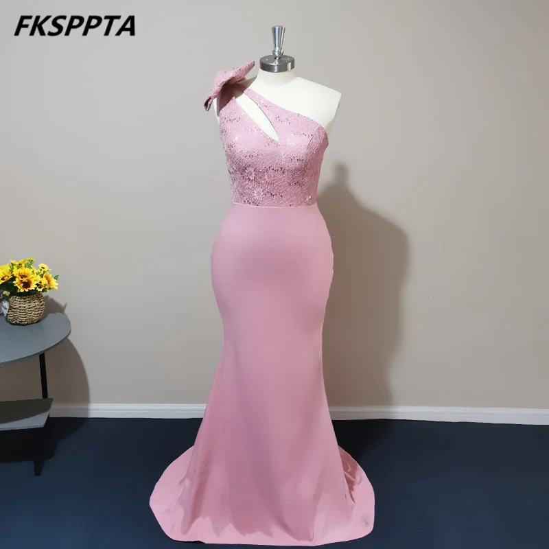 Long Mermaid Evening Dress With Bow Lace Top One Shoulder Backless Sexy Prom Wedding Party Gowns Custom Made Robe De Soiree