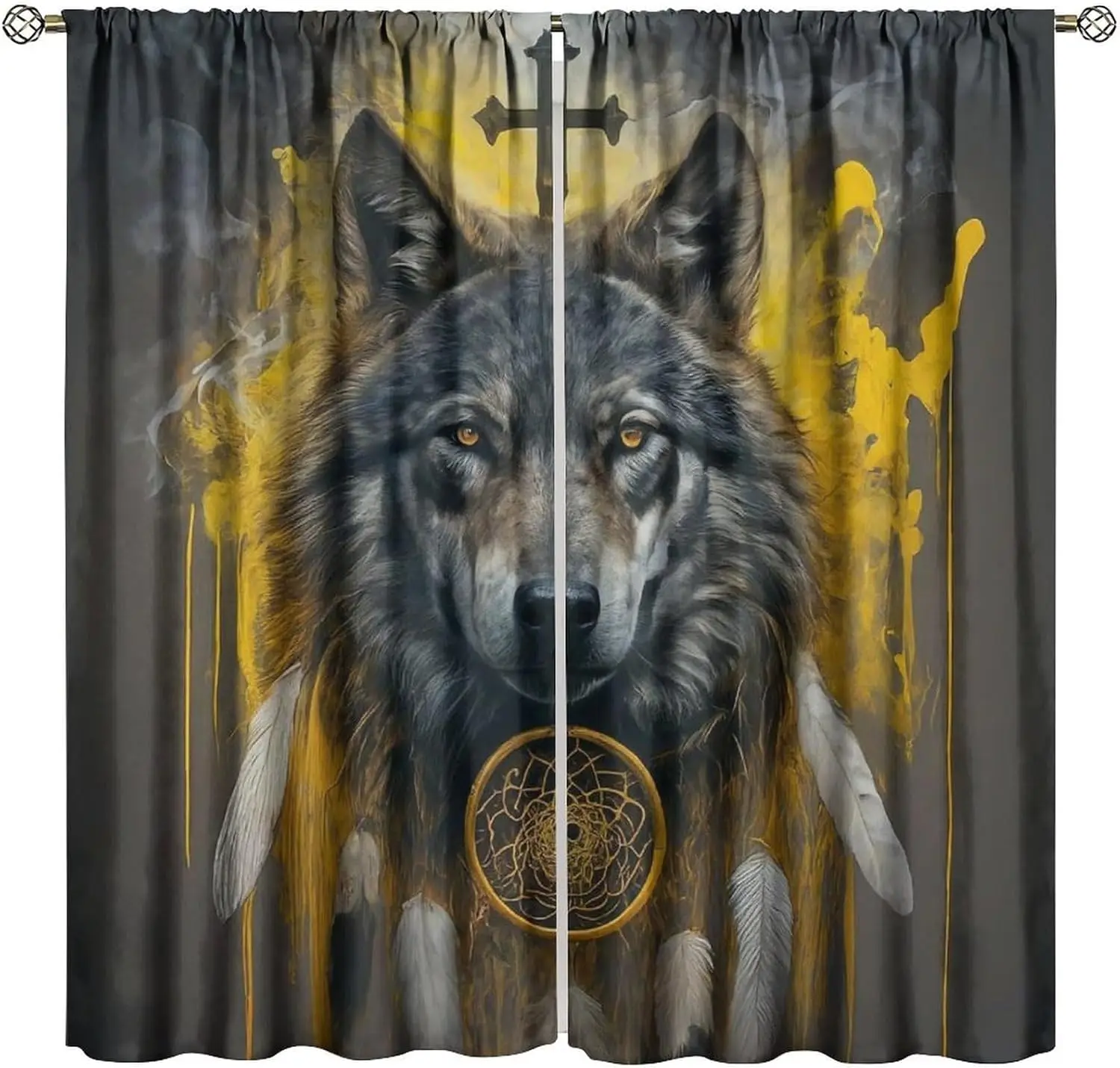 Fantasy Wildlife Wolf Curtains Misty Wolf Dream Catcher Window Treatment for Kids Boys Bedroom Game Room Blackout Decor Window